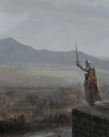 A king stands on a stone wall holding his sword aloft. Below him is a large army with many long spears pointing in the air. Behind the army is a grassy plane leading up to mountains in the distance, with a grey sky above them.